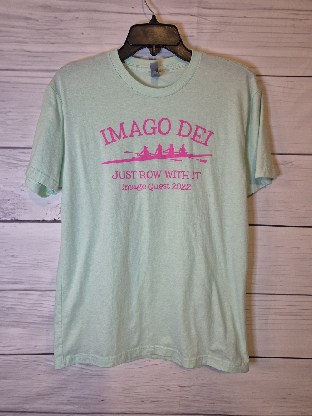 Next Level Apparel Mint Green T-Shirt with Pink Rowing Graphic
